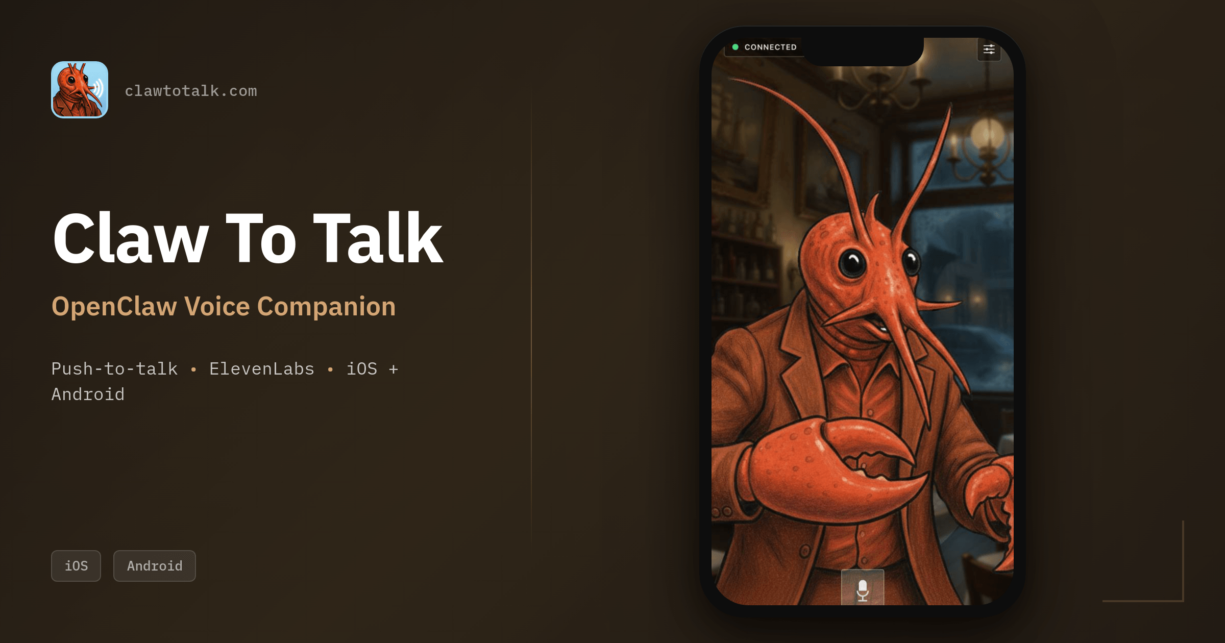 Claw To Talk: OpenClaw Voice Companion Claw To Talk app screenshot showing OpenClaw Voice Companion interface